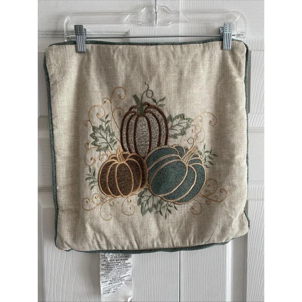 Secret Celebrity Tan Woven Pillow Cover Pumpkin Embroidery 16x16 Harvest Home